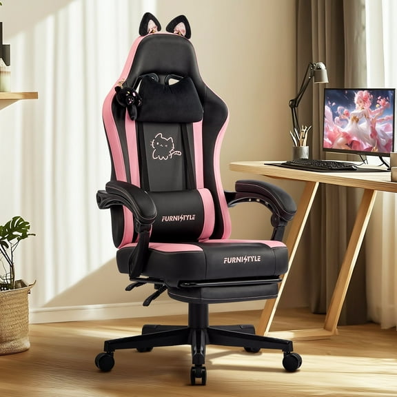 Falvinoryn Cute Gaming Chair, Ergonomic Computer Chair with Cat Ears for Girl, Lumbar Support and Headrest, Reclining Game Chair with Footrest. Black