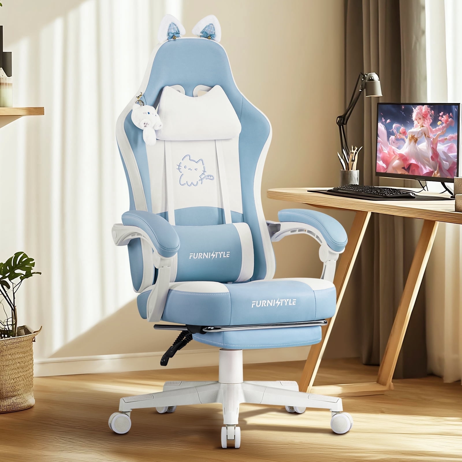 Falvinoryn Cute Gaming Chair, Ergonomic Computer Chair with Cat Ears for Girl, Lumbar Support and Headrest, Reclining Game Chair with Footrest. Blue