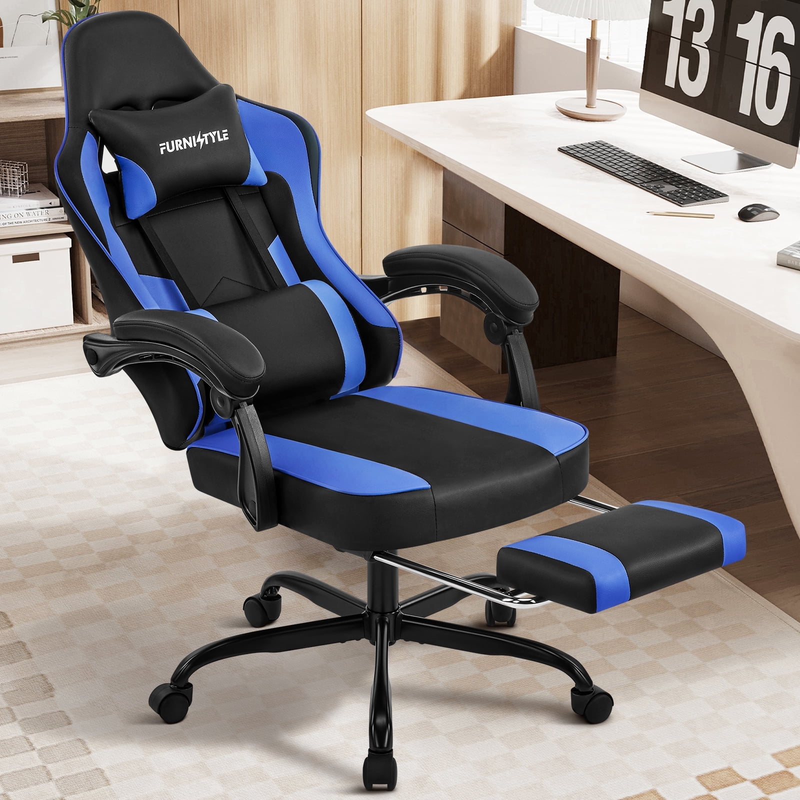 Falvinoryn Gaming Chair, Video Game Chair with Headrest and Lumbar Support,High Back Ergonomic Computer Chair with Footrest,Swivel Desk Office Chair, Blue