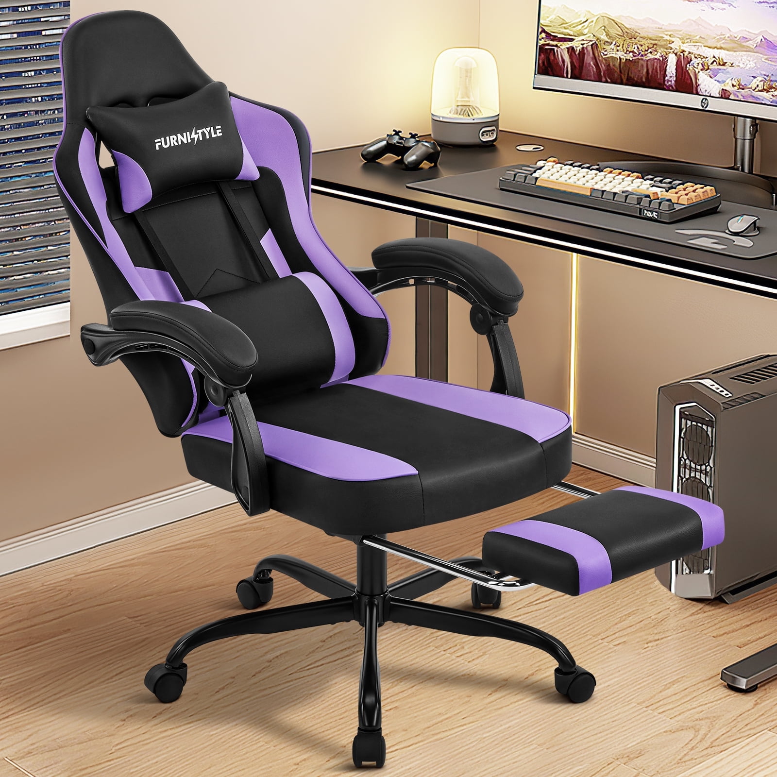 Falvinoryn Gaming Chair, Video Game Chair with Headrest and Lumbar Support,High Back Ergonomic Computer Chair with Footrest,Swivel Desk Office Chair, Purple