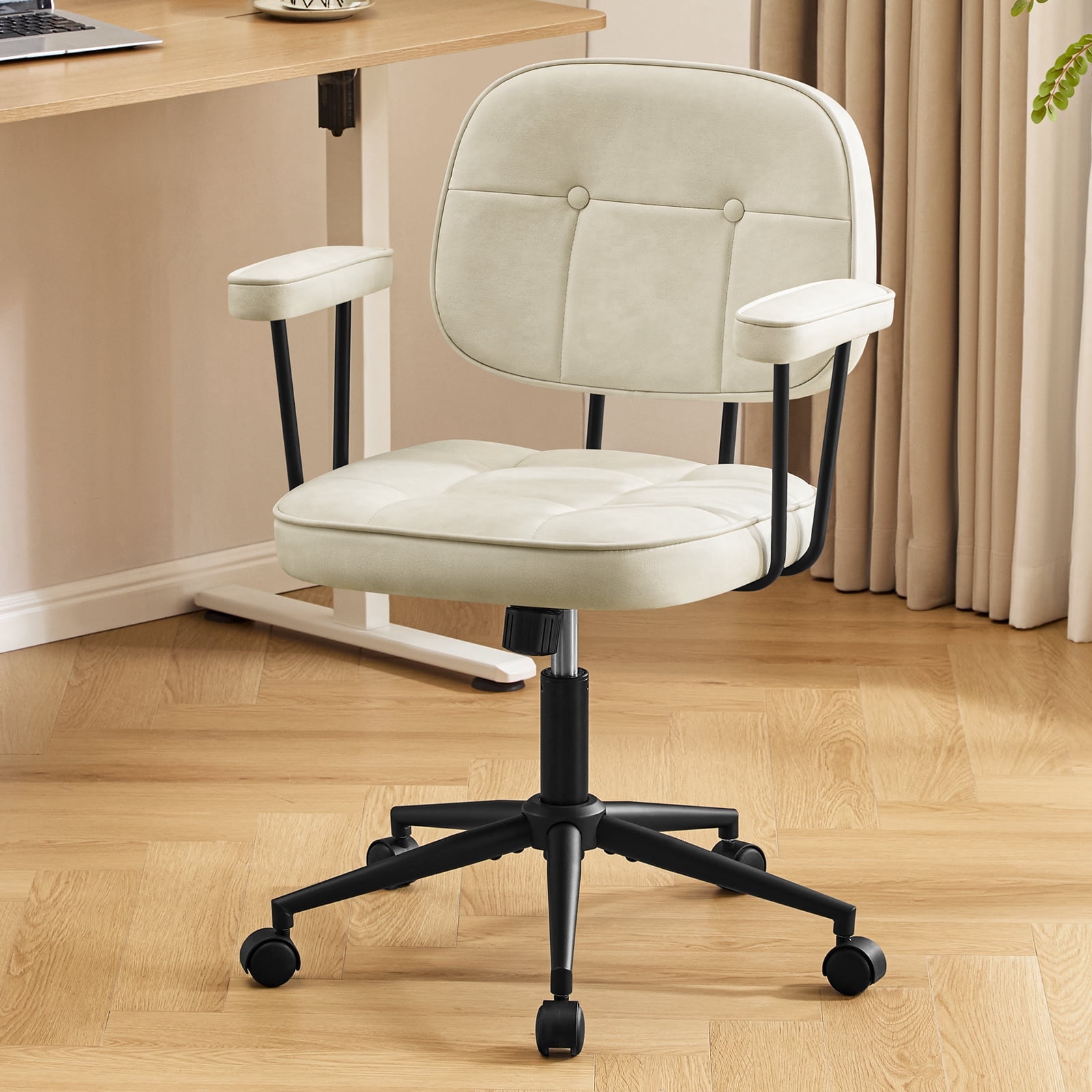 Falvinoryn Modern Home Office Desk Chair, Ergonomic Computer Task Chair with Padded Armrests, 360° Swivel Adjustable Height Rolling Chair, Rocking Function.Beige