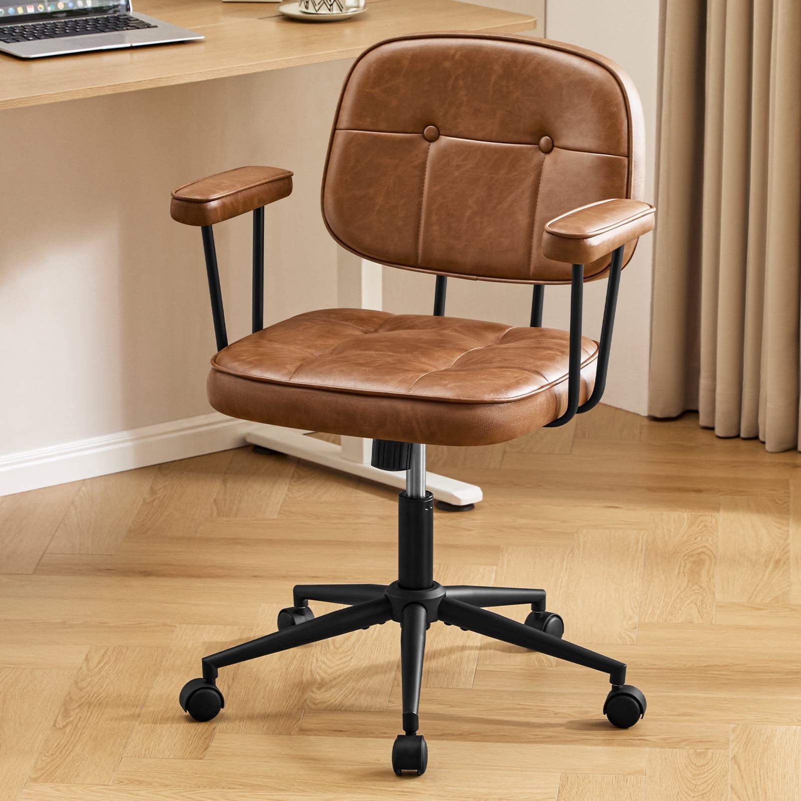 Falvinoryn Modern Home Office Desk Chair, Ergonomic Computer Task Chair with Padded Armrests, 360° Swivel Adjustable Height Rolling Chair, Rocking Function.Brown