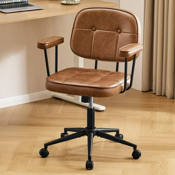 Falvinoryn Modern Home Office Desk Chair, Ergonomic Computer Task Chair with Padded Armrests, 360° Swivel Adjustable Height Rolling Chair, Rocking Function.Brown