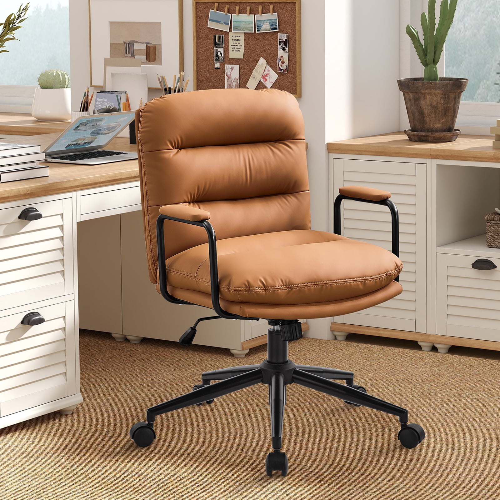 Falvinoryn Modern Office Chair, High Back Ergonomic Task Chair with Padded Armrests and Double Cushion, Swivel Home Office Desk Chair, Faux Leather Executive Armchair for Home, Bedroom (Brown)