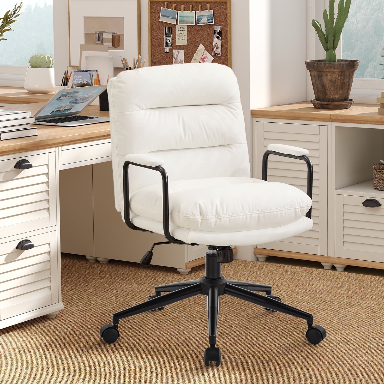 Falvinoryn Modern Office Chair, High Back Ergonomic Task Chair with Padded Armrests and Double Cushion, Swivel Home Office Desk Chair, Faux Leather Executive Armchair for Home, Bedroom (White)