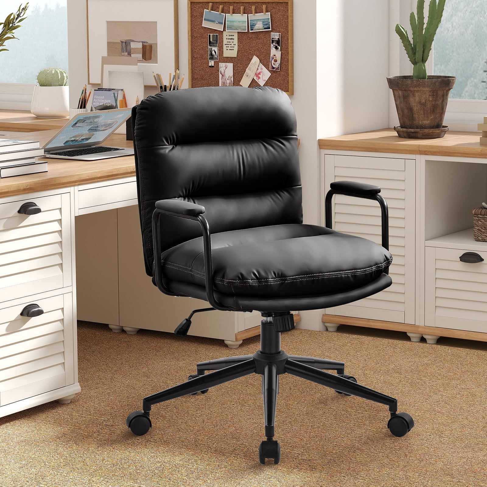 Falvinoryn Modern Office Chair, High Back Ergonomic Task Chair with Padded Armrests and Double Cushion, Swivel Home Office Desk Chair, Faux Leather Executive Armchair for Home, Bedroom (Black)