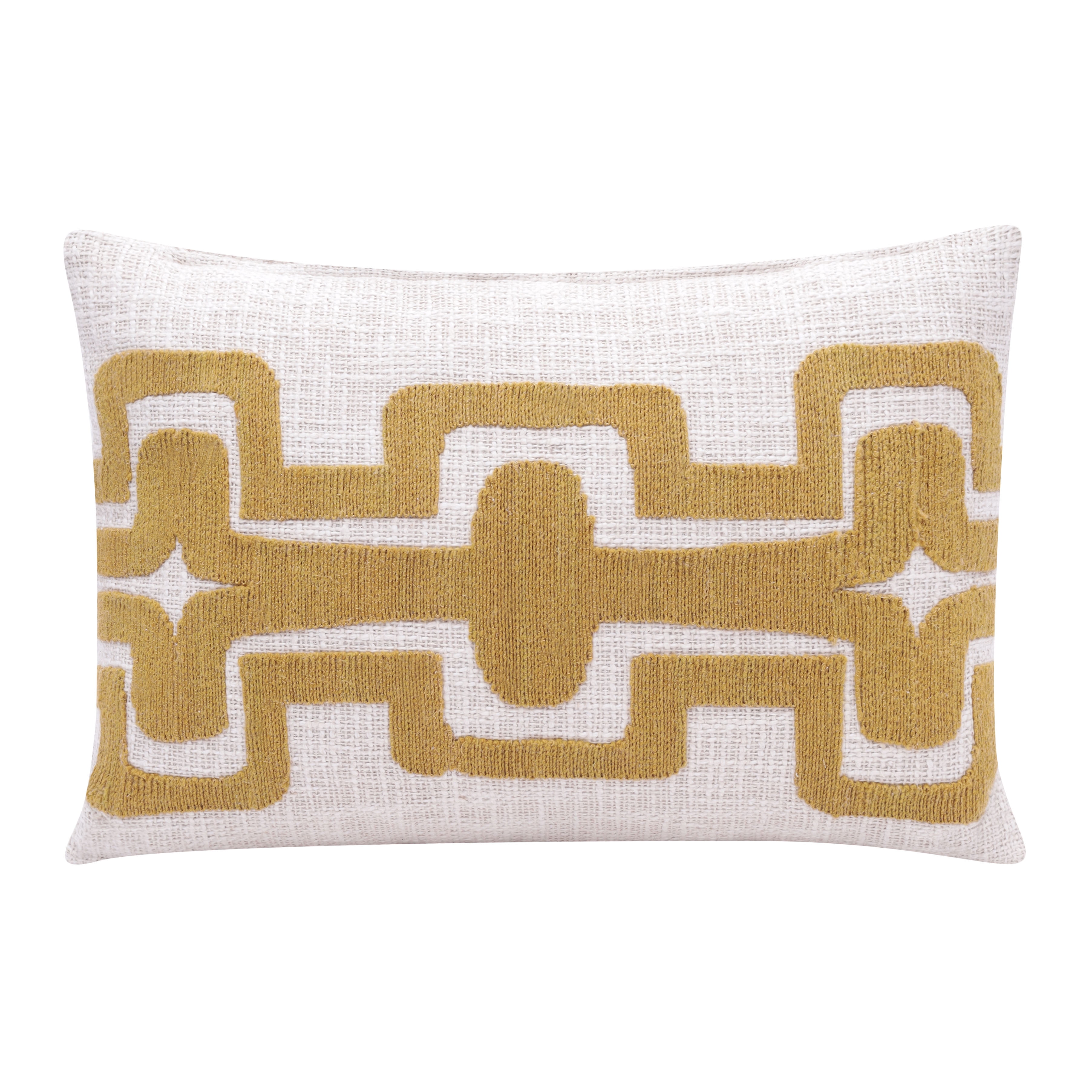 Ochre and Ivory Geometric Embroidered Rectangular Cotton Blend Pillow
