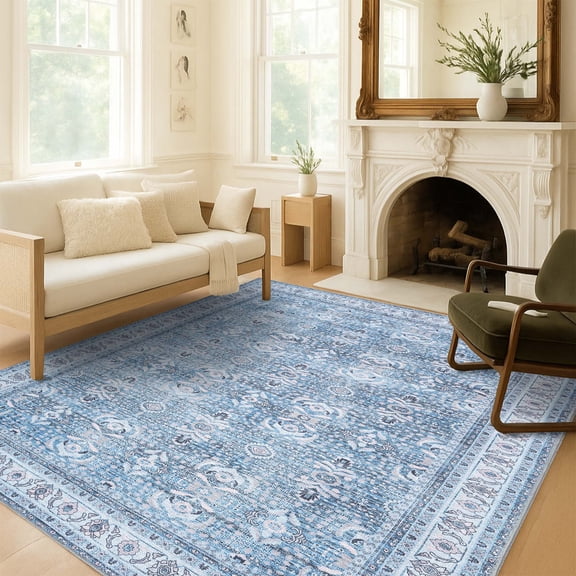 Fame Living 10x13 Ivory & Sky Blue Oushak Area Rug, Washable Turkish Vintage Floral Rug for Living Room