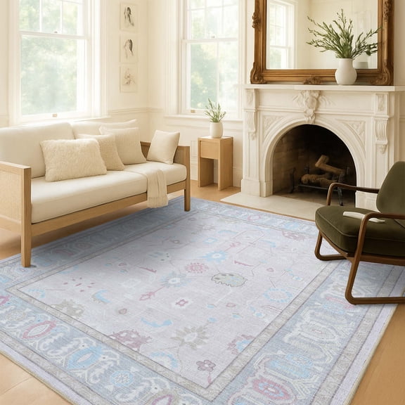 Fame Living 10x13 Pink White Oushak Area Rug, Washable Turkish Vintage Floral Rug for Living Room