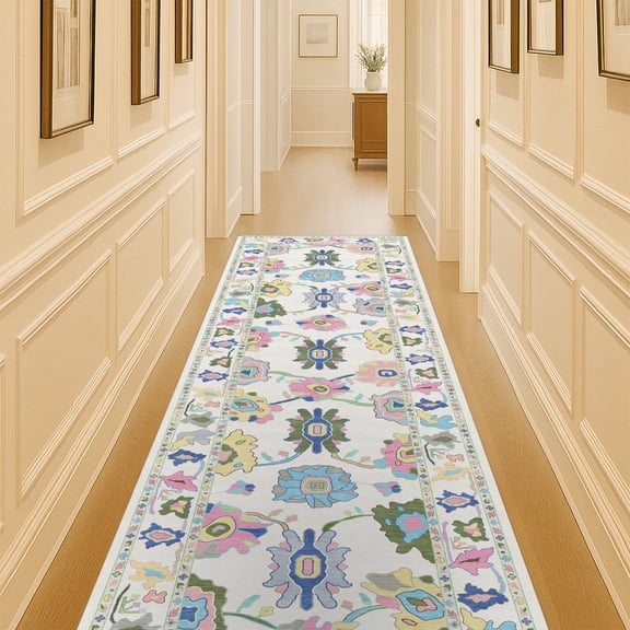 Fame Living 2.6x10 Cream Multi Oushak Runner, Washable Turkish Vintage Floral Rug for Hallway & Kitchen