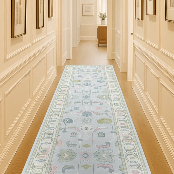 Fame Living 2.6x13 Aqua Oushak Runner, Washable Turkish Vintage Floral Rug for Hallway & Kitchen