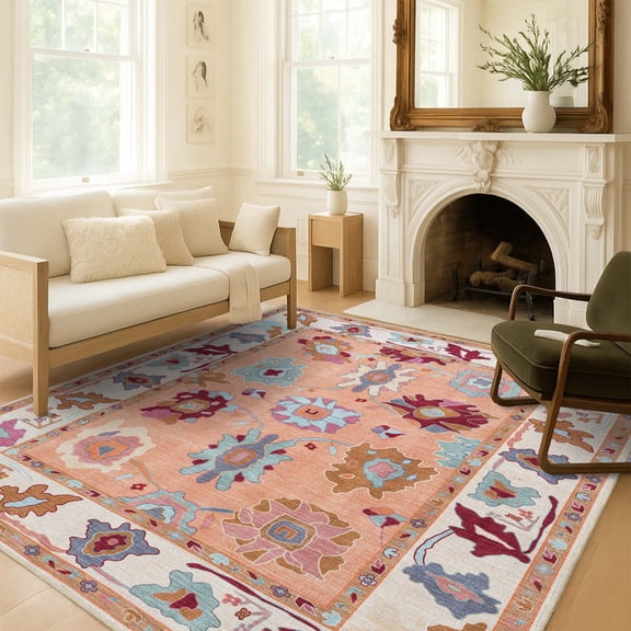 Fame Living 5x7 Terra Oushak Area Rug, Washable Turkish Vintage Floral Rug for Living Room