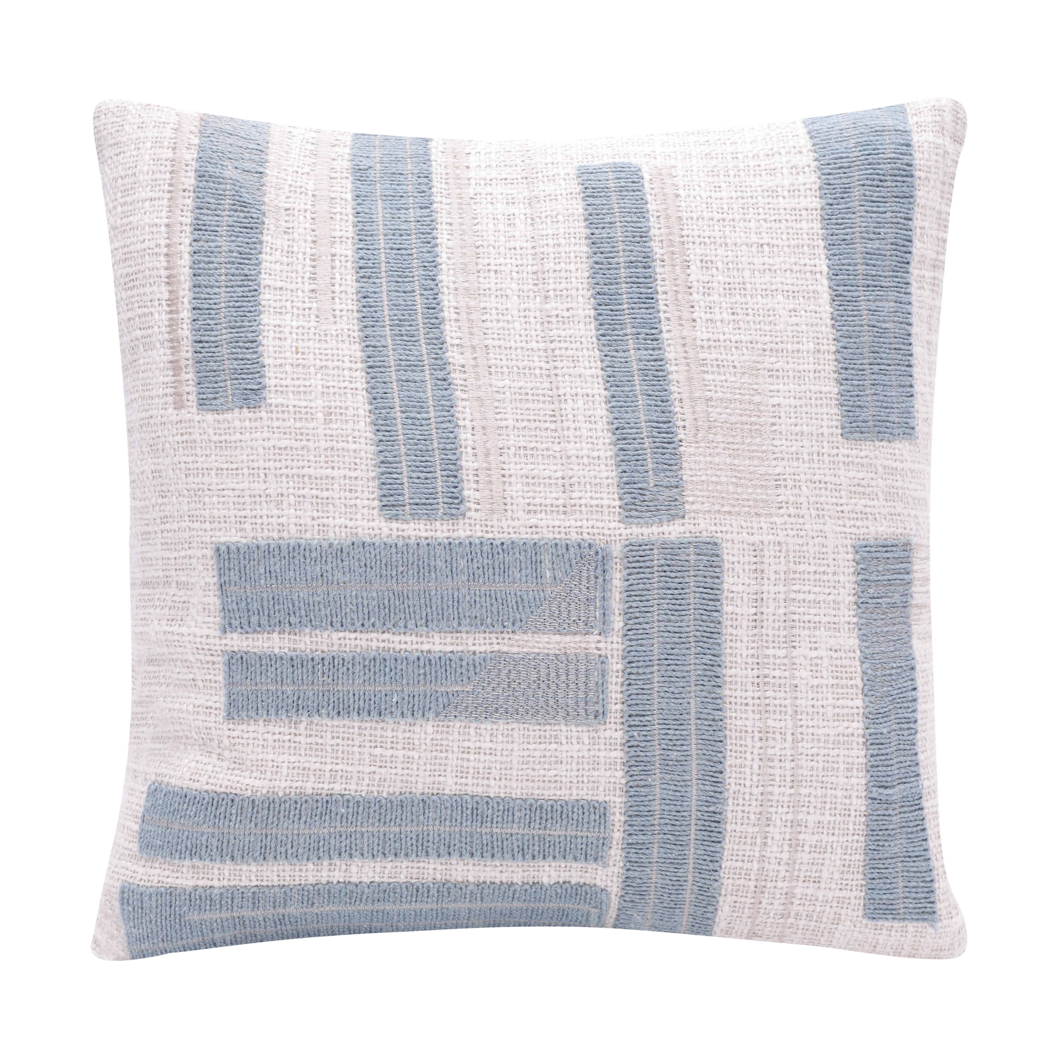 Ocean Blue and Ivory Cotton Embroidered Throw Pillow