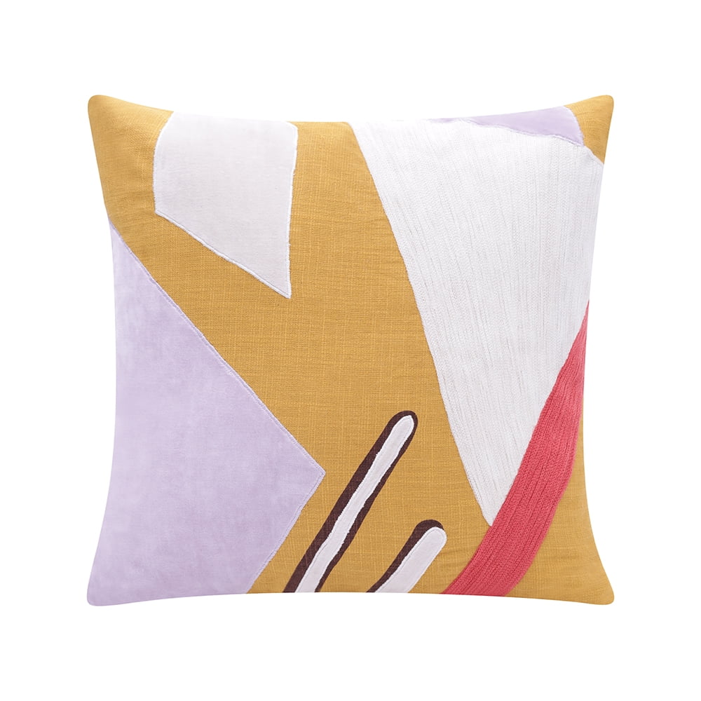 Yellow and Multicolor Cotton Embroidered Square Throw Pillow