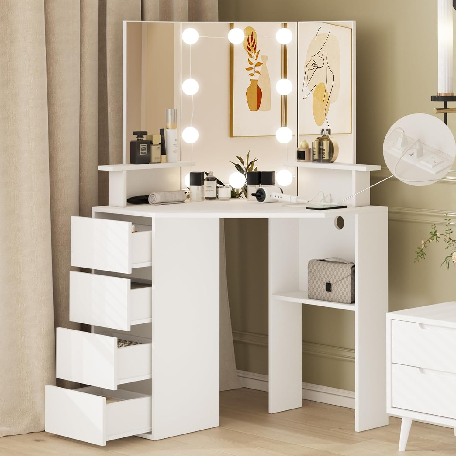 Fameill 42 Corner Vanity Desk with Lighted Mirror Power Strip Black Makeup Vanity Desk Makeup Dresser with 4 Drawers and Shelves 3 Color Lighting Modes Brightness Adjustable Walmart