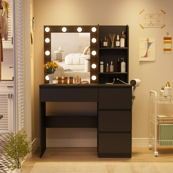 Fameill Black Makeup Vanity with 10 Lights & Power Outlets, Big Vanity with 3 Storage Compartments, Vintage Vanity Set with Large Drawer and Cabinet, 45in