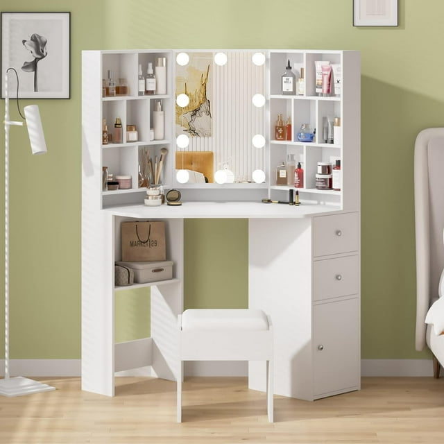 Fameill Corner Makeup Vanity Desk with Lighted Mirror,White Vanity Set