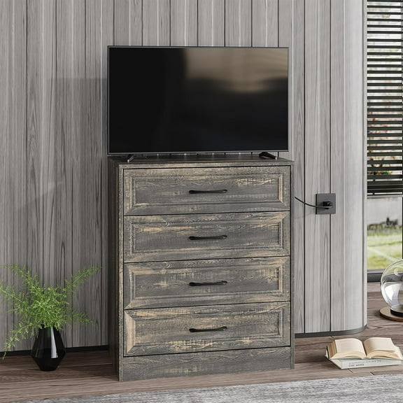 Fameill Dresser for Bedroom, 4 Drawer Small Dresser Organizer with Charging Station for Livingroom, Chest of Drawers with Metal Handles, Dark Brown
