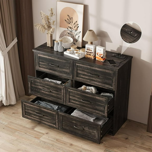 Fameill Dresser for Bedroom, 6 Drawer Wide Dressers Organizer with Charging Station for Hallway with Metal Handles, Dark Brown
