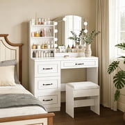 Fameill Elegant Vanity with Mirror & Adjustable Brightness,White Vanity Set Large Makeup Table with 4 Drawers Lots Storage,39.4inW
