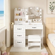 Fameill Elegant White Vanity with Mirror & Adjustable Brightness, Vanity Set with Charger Station, Large Makeup Table with 4 Drawers Lots Storage,39.4inW