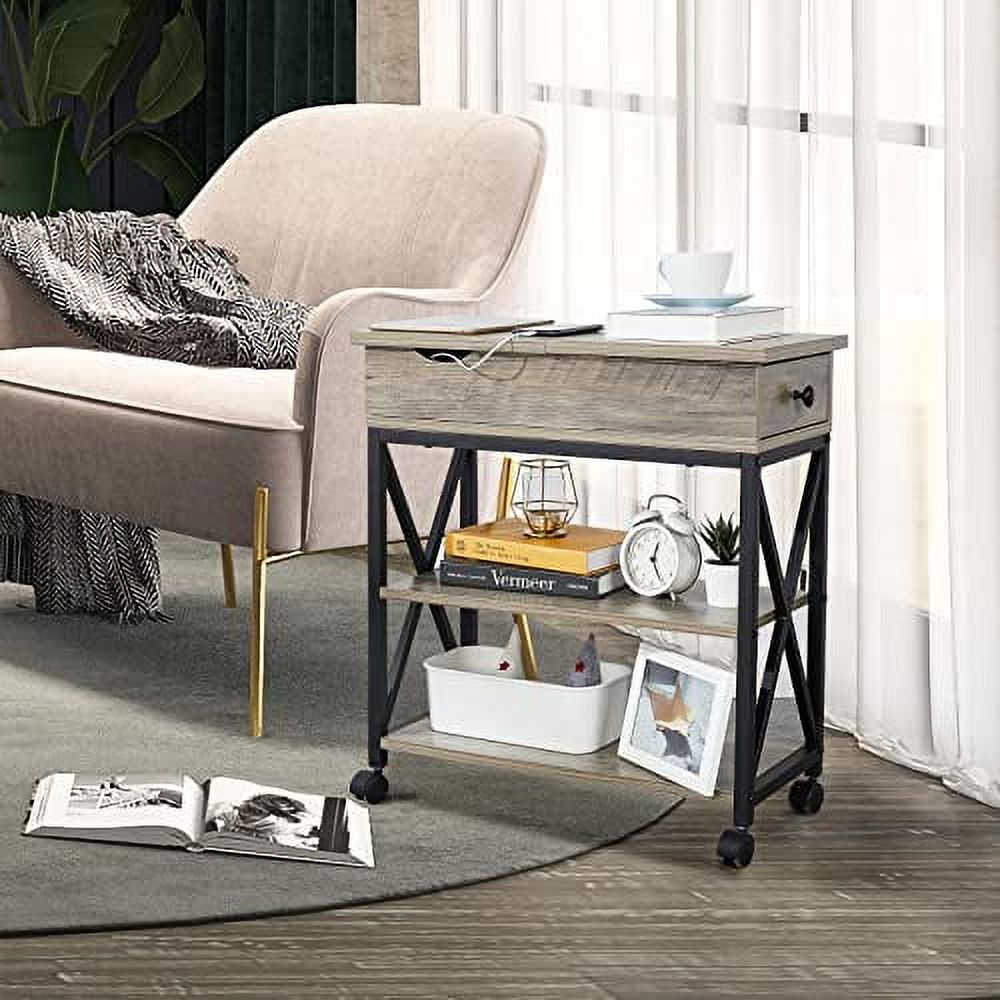 Fameill End Table with Charging Station Narrow Bedside Tables Flip Top