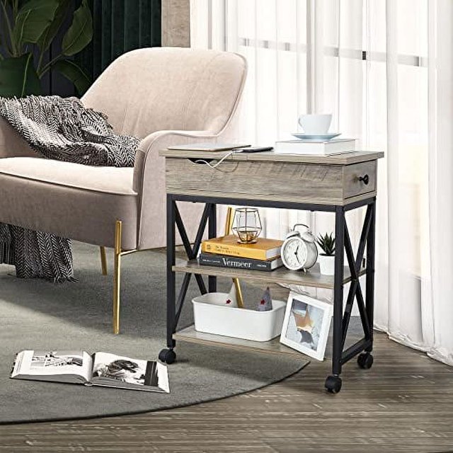 Fameill End Table with Charging Station Narrow Bedside Tables Flip Top