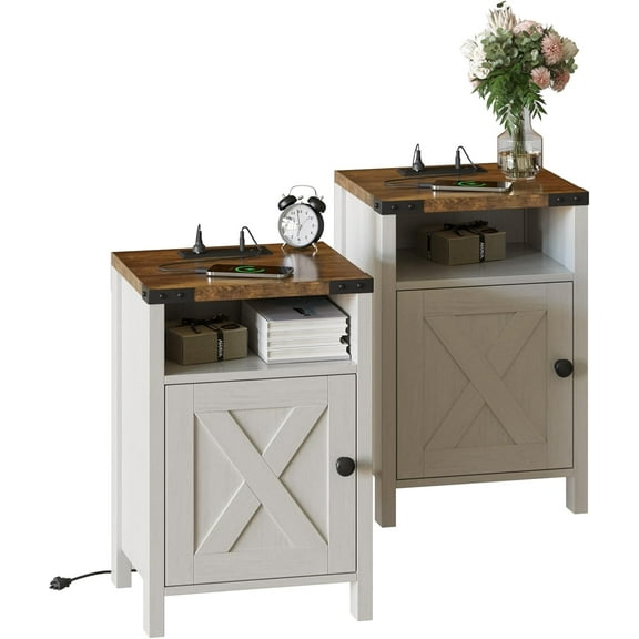 Fameill Farmhouse End Tables Set of 2, Nightstands with Charging Station, Bedside Tables with Barn Door and Open Compartment, Rustic Living Room Bedroom Side Table, Modern White
