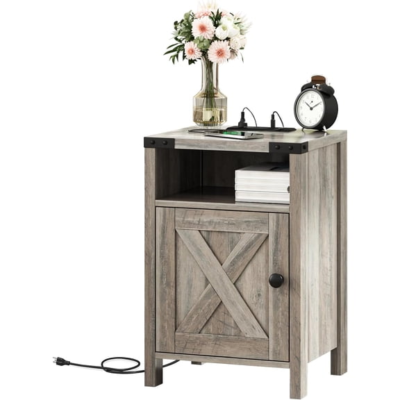 Fameill Farmhouse End Tables with Charging Station, Nightstand with Barn Door and Shelf, Rustic Living Room Bedroom Side Table, Wash Grey