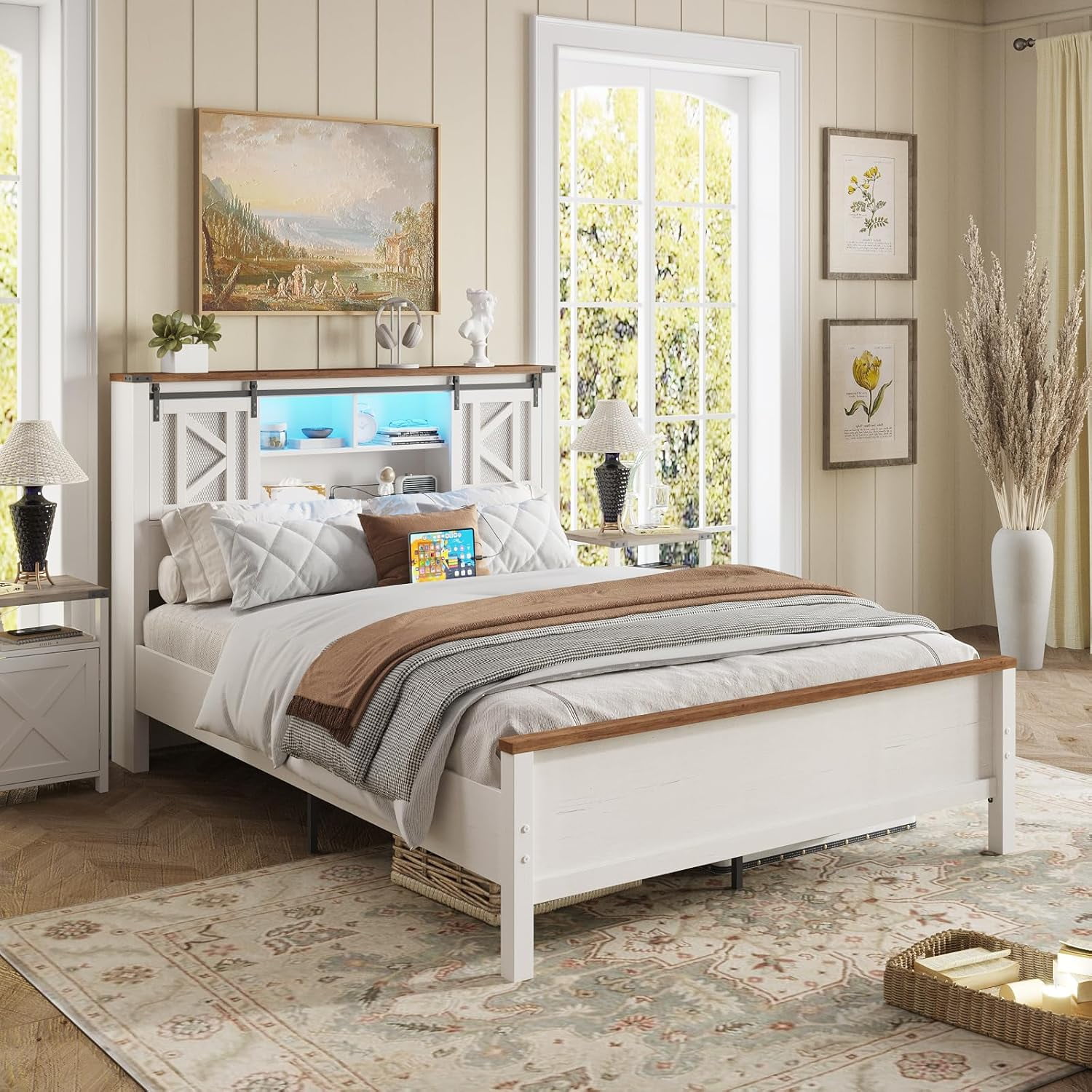 Fameill Farmhouse Queen Size Bed Frame with Storage Headboard, Sliding ...