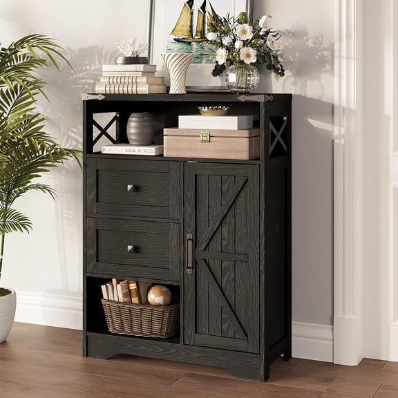 Fameill Farmhouse Storage Cabinet with 2 Drawers & Shelves,Freestanding Kitchen Cabinet with Doors,Floor Storage Organization for Living Room,Bathroom,Laundry,Black