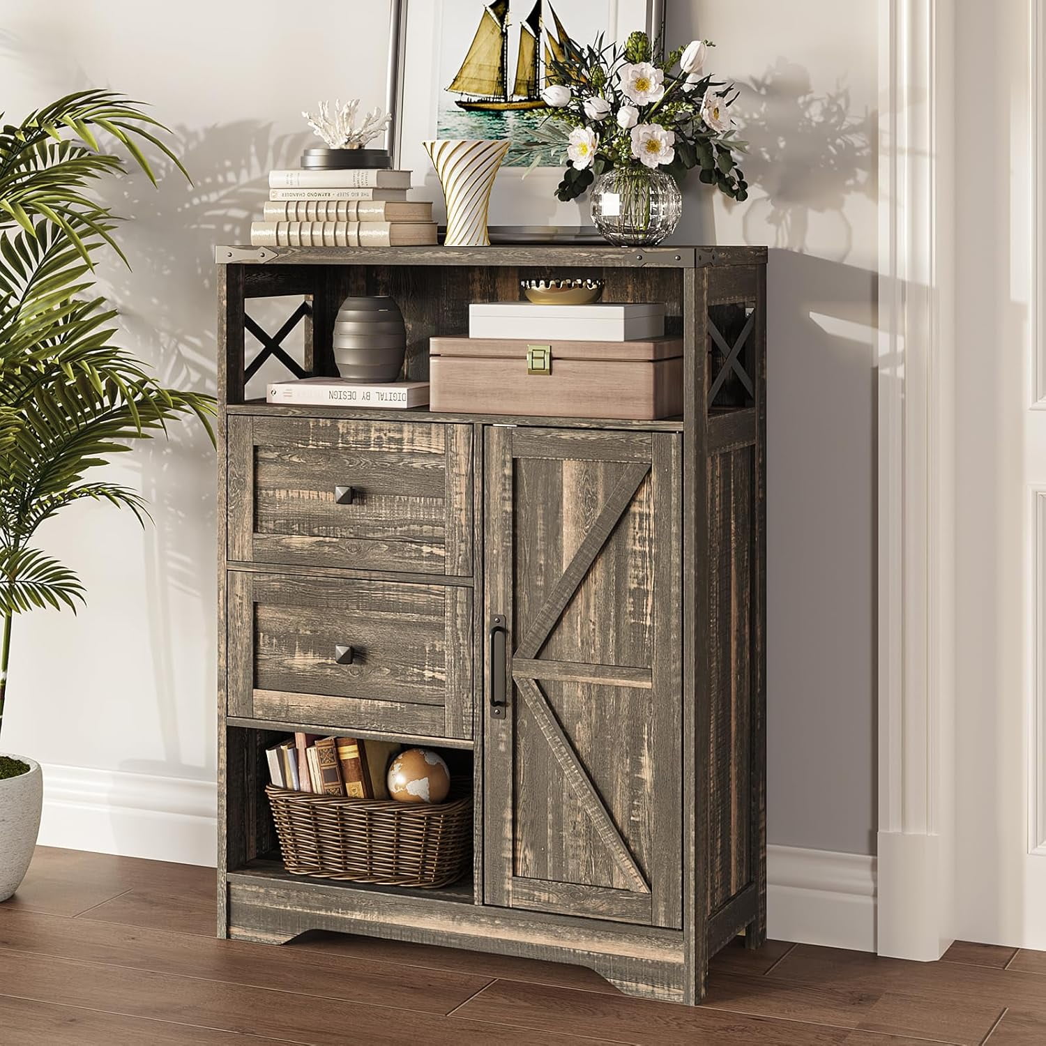 Fameill Farmhouse Storage Cabinet with 2 Drawers & Shelves,Freestanding ...
