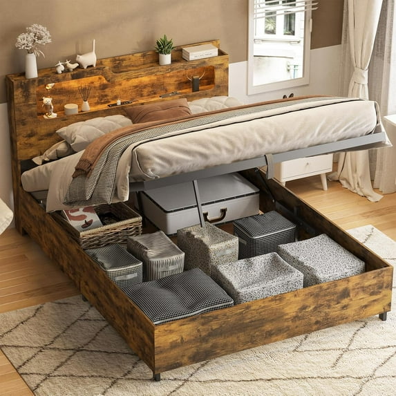 Fameill Full Size Lift Up Storage Bed Frame, 2-Tier Headboard Wooden Platform Bed Frame with Lifting Storage & Charging Station, No Spring Box Needed/Noise Free