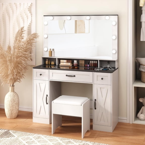 Fameill Makeup Vanity Desk with Lights and Mirror, Vanity Table Set with Stool, Charging Station, Glass Top, Large Mirror with 3 Lighting Modes, 3 Drawers & 2 Cabinets, White