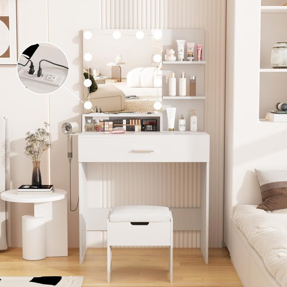 Fameill Makeup Vanity Table with Lighted Mirror & Charging Station, White Vanity Set Vanity Desk with 3 Lighting Modes, Brightness Adjustable, 31.5in(W)