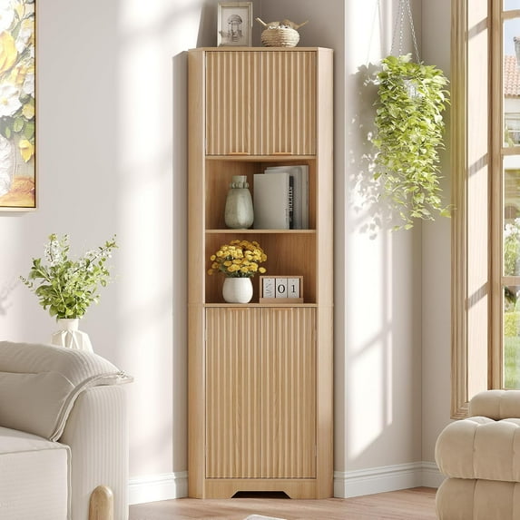 Fameill Tall Corner Cabinet with 2 and 2 Open Storage Shelves, 68” Corner Storage Cabinet with Fluted Door Design, Home Space Saver for Living Room, Bathroom, Kitchen, Laundry, Natural Oak Color