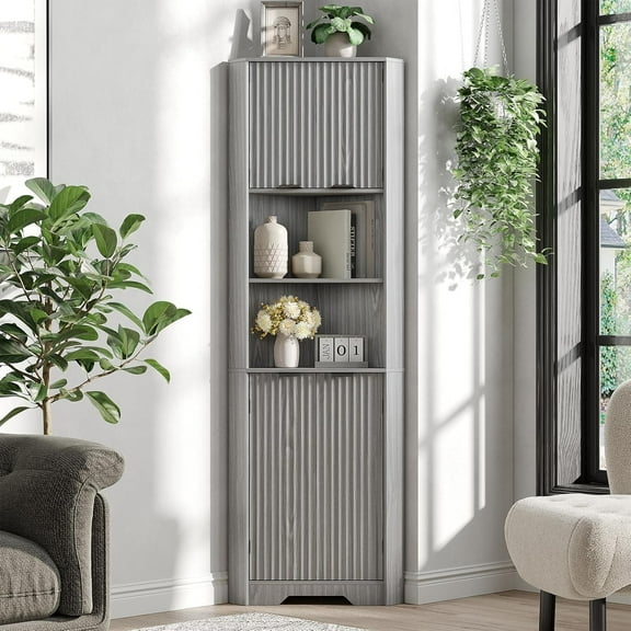 Fameill Tall Corner Cabinet with 2 Doors and 2 Open Storage Shelves, 68 Corner Storage Cabinet with Fluted Door Design, Home Space Saver for Living Room, Bathroom, Kitchen, Laundry, Grey