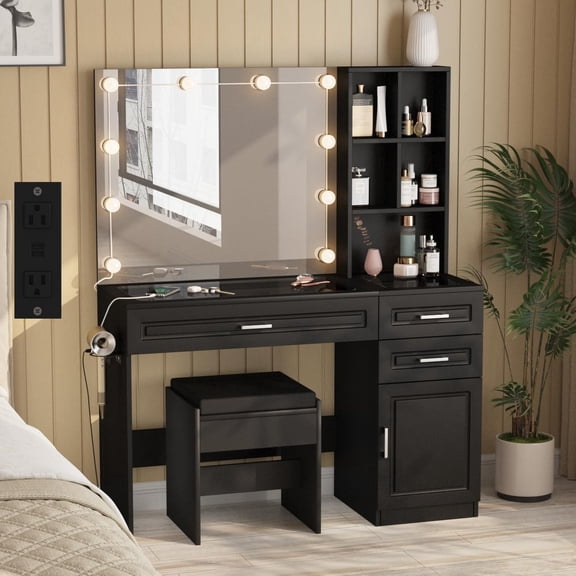 Fameill Vanity Desk with Lighted Mirror & Power Strip,Large Vanity Table with Glass top and Lots Storage,3 Drawer Makeup Desk with ,3 Lighting Modes,Black
