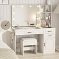 thumbnail image 1 of Fameill Vanity Desk with Mirror and Lights,Large Makeup Vanity with Glass top and Lots Storage,3 Drawer Vanity Set with Charging Station,3 Lighting Modes,White, 1 of 9