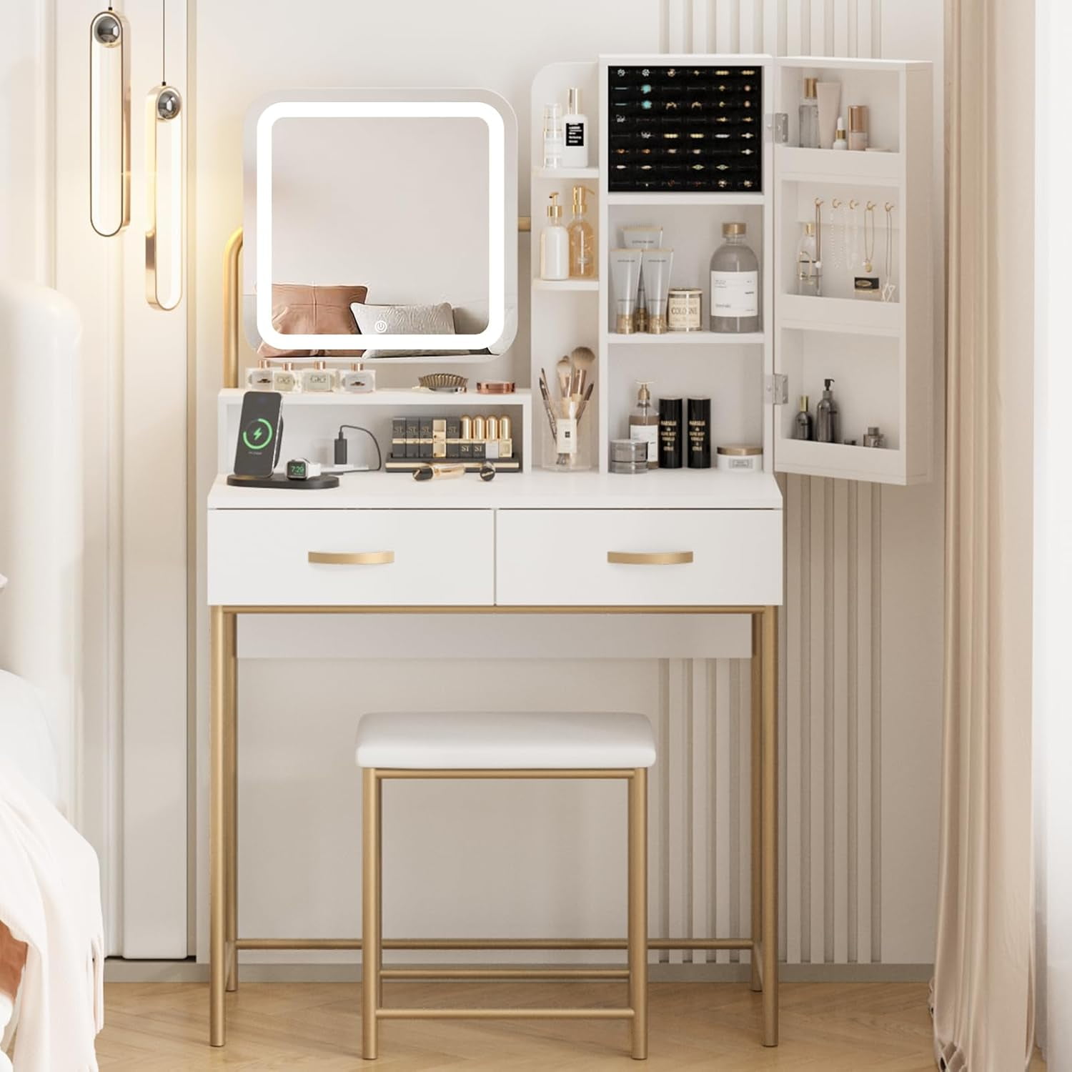 Fameill Vanity Desk with Mirror and Lights White Makeup Table and Chair Set with 2 Storage Drawers Cabinet Shelves Small Vanity Desk for Bedroom 3