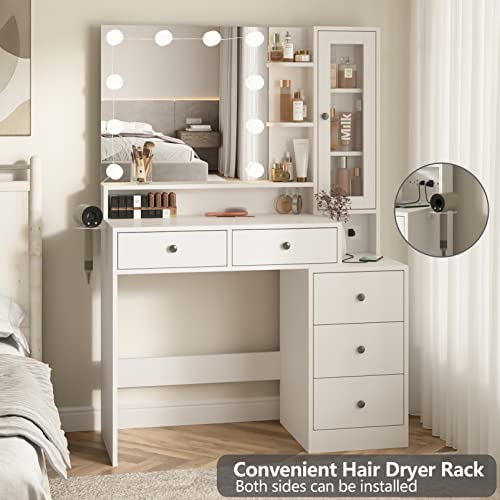 Fameill White Makeup Vanity Desk with Mirror and Lights,Vanity Table