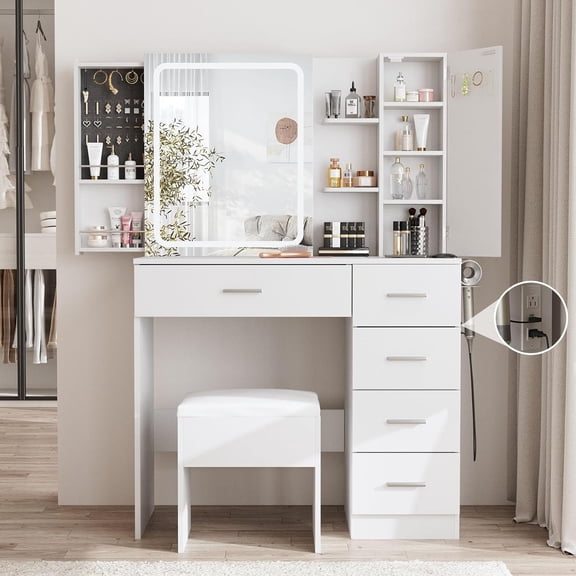 Fameill White Vanity Desk with Mirror and Lights,Makeup Vanity Table Set with Power Strip and Sliding Locker,Visual Drawer Dressing Table with 5 Drawers&Shelves&Cabinet,3 Lighting Modes