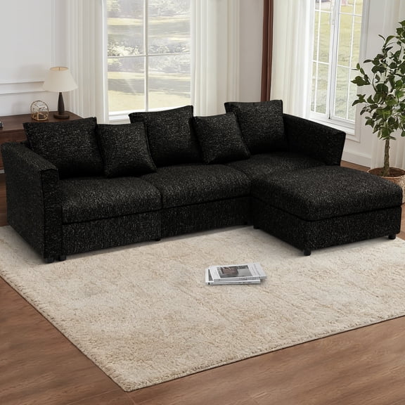 FamiTOP 110” Chenille 3 Seats Sofa with Movable Ottoman & Adjustable Armrests, Modern Sectional Sofa with Deep Seats, Upholstered L Shape Sofa with Comfortable Backrests for Living Room, Black