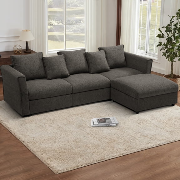 FamiTOP 110” Chenille 3 Seats Sofa with Movable Ottoman & Adjustable Armrests, Modern Sectional Sofa with Deep Seats, Upholstered L Shape Sofa with Comfortable Backrests for Living Room, Grey