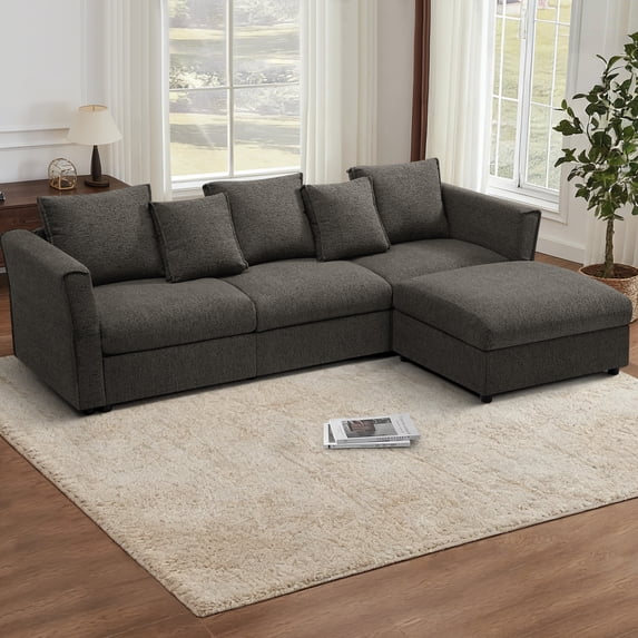 FamiTOP 110” Chenille 3 Seats Sofa with Movable Ottoman & Adjustable Armrests, Modern Sectional Sofa with Deep Seats, Upholstered L Shape Sofa with Comfortable Backrests for Living Room, Grey