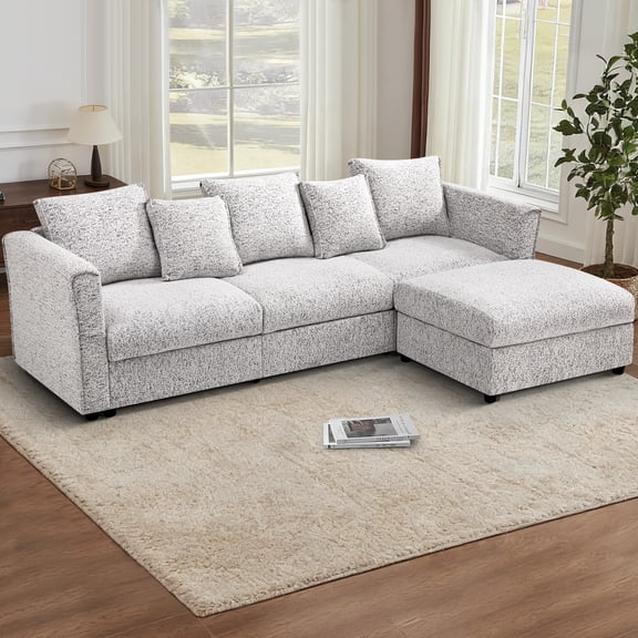 FamiTOP 110” Chenille 3 Seats Sofa with Movable Ottoman & Adjustable Armrests, Modern Sectional Sofa with Deep Seats, Upholstered L Shape Sofa with Comfortable Backrests for Living Room, Light Grey