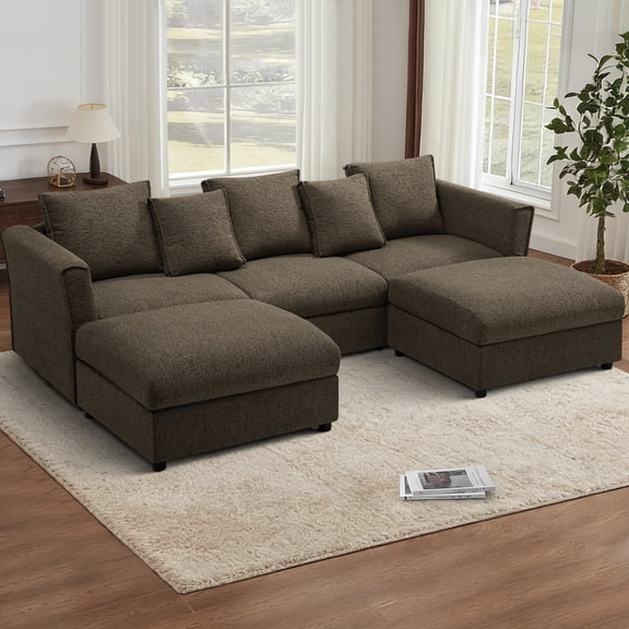 FamiTOP 110” Chenille 4 Seats Sofa W/Two Movable Ottoman & Adjustable Armrests, Modern Sectional Sofa W/Deep Seats, Upholstered U Shape Sofa W/Comfortable Backrests for Living Room, Brown