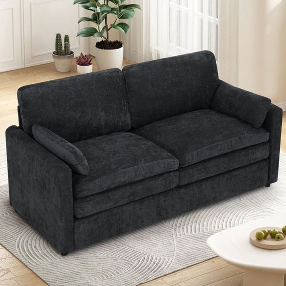 FamiTOP 69" Comfortable 2 Seater Sofa w/Thick Seat & Backrest Cushion, Chenille Modern Couch with Soft Pillows, Upholstered Loveseat Sofa w/Sturdy Frame for Bedroom, Office, Living Room, Black