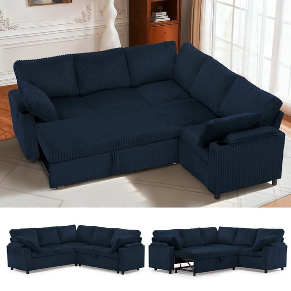 FamiTOP 85" Corduroy Reversible Sectional Sofa w/Pull Out Bed, Upholstery L Shaped Couch w/Storage Armrests & Cup Holders, Modern Corner Sofa w/USB Charging Port & Throw Pillow for Living Room, Blue