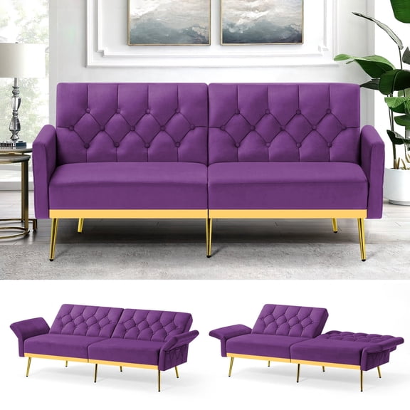 FamiTOP Velvet Sofa Bed w/Adjustable Armrests & Backrests, Modern Convertible Sleeper Sofa, Tufted Futon Sofa for Bedroom, Living Room, Apartment, Purple